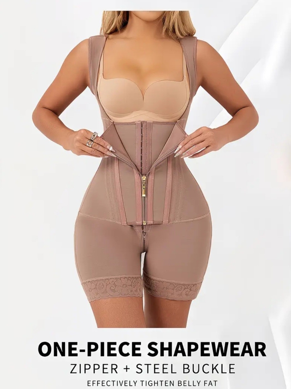 Seamless Taupe One-Piece Shapewear Bodysuit with Zipper